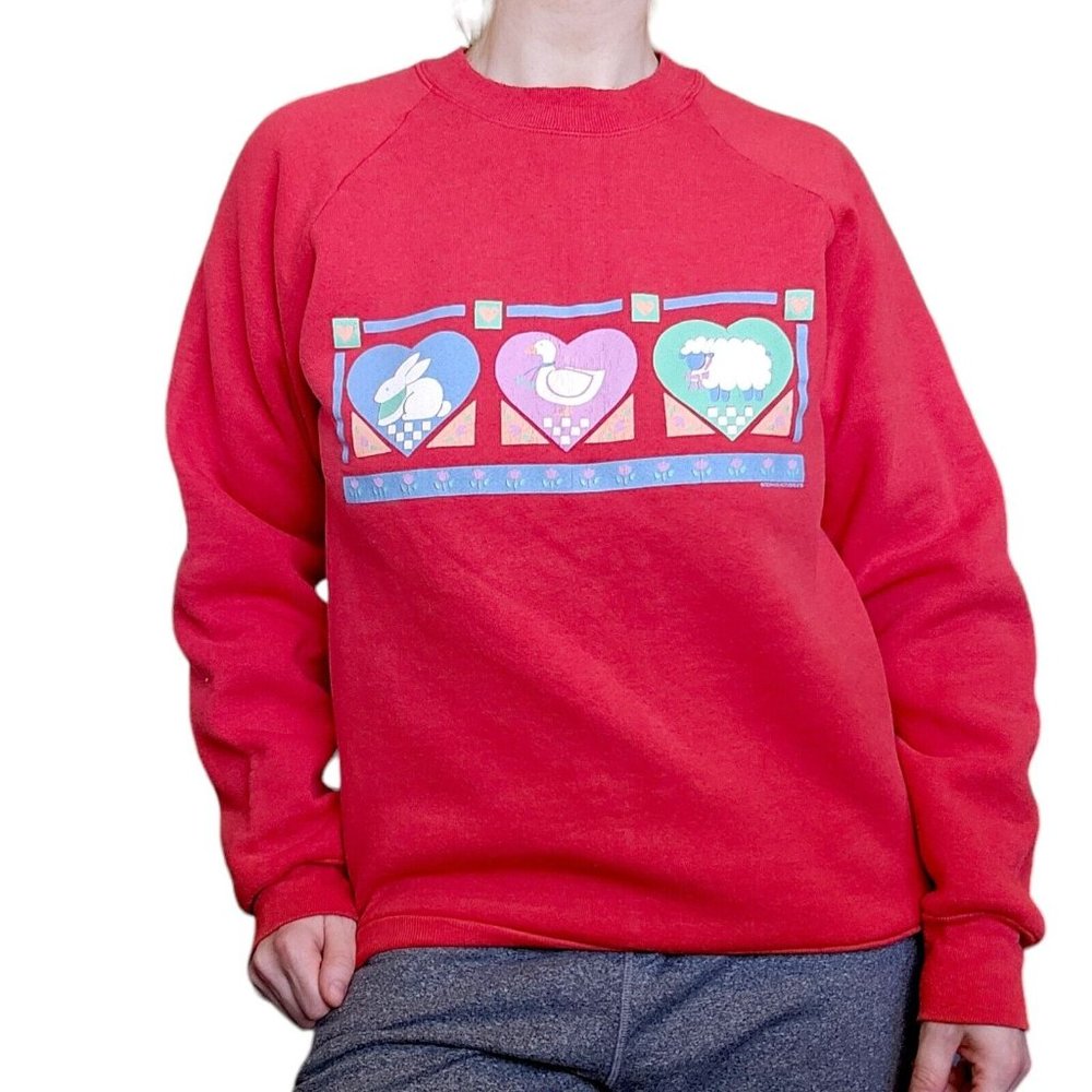 Vintage 90s Red Crewneck Sweatshirt Farm Animals Grandma Grannycore M Red